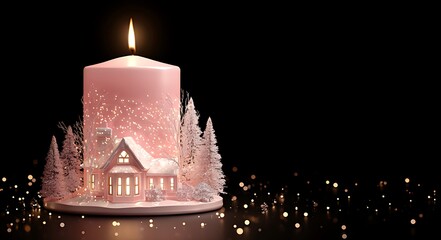 A glowing pink candle with a winter village scene in a dark setting