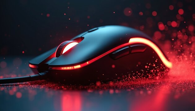 Illuminated gaming mouse shines in red neon light. Modern computer mouse has cyber design with glowing led elements. Gamer accessory for digital sport, online entertainment. Futuristic pc tech item.