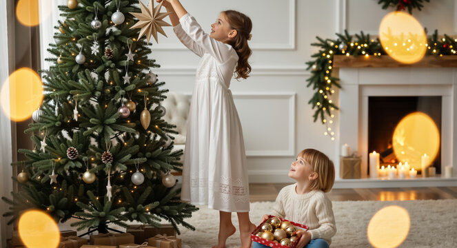 Two happy sisters decorating a christmas tree at home. Young girls putting a star on top of a festive fir tree during winter holidays. Family celebration and new year tradition - Powered by Adobe