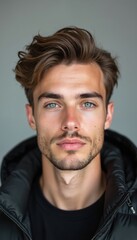 Obraz premium Young man with light brown wavy hair and blue eyes looking at camera. He has stubble and wears a black puffer jacket and t-shirt. The portrait is shot in a studio.