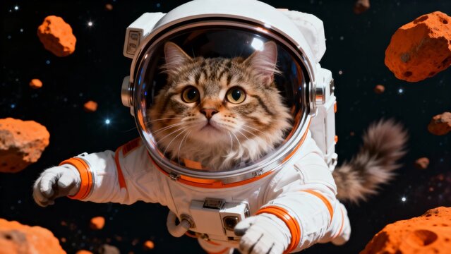 A cat wearing a spacesuit floats in space among asteroids
