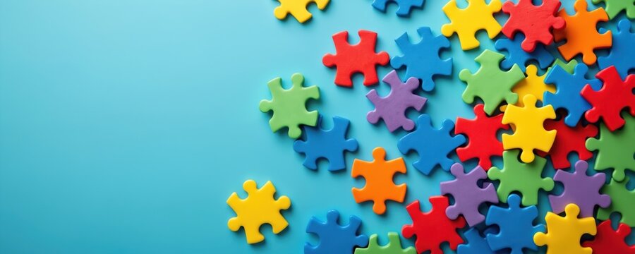 Scattered colorful puzzle pieces on blue background, autism awareness, inclusion. Pieces represent individuality, unity in diversity. Celebrate differences, promote understanding, support autism