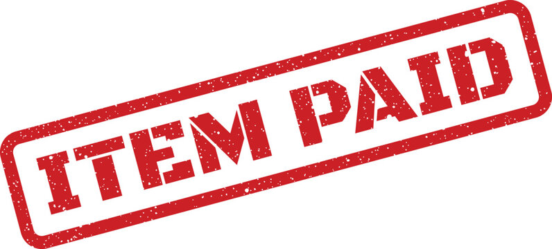 Official rubber stamp icon with a grunge texture confirms an item has been successfully paid for during financial processing