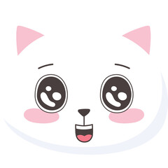 Cute cartoon white cat face with pink ears and blush cheeks wide open mouth and big sparkling eyes...