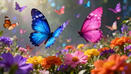 Colorful butterflies flutter among vibrant flowers in a lush garden.
