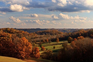 Vibrant Southern Indiana Hills in Autumn: A Colorful Tapestry of Trees and Forests Under a Brilliant Sky