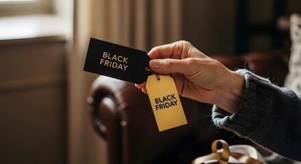 Black Friday Tag Held by Senior Woman Hand with Authentic Skin