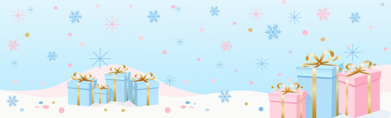 Light Blue Winter Holiday Banner with Presents and Snowflakes