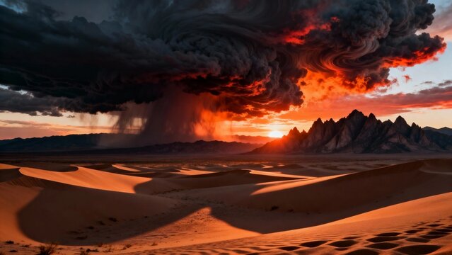 Desert landscape at sunset with dramatic storm clouds and distant mountains