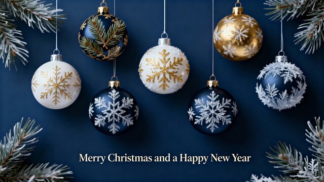 Christmas ornaments with snowflake designs hanging against a dark blue background with pine branches