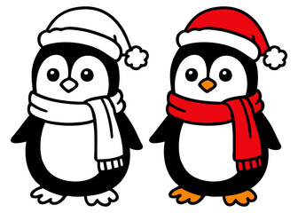 Dibujo sencillo con líneas de pingüino simpático con sombrero de Santa Claus y bufanda para tarjetas y felicitaciones de Navidad