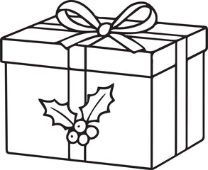 Black and white vector line art of eco-friendly kraft gift boxes with winter illustrations. Stylish sustainable packaging design for Christmas branding, wrapping, DIY crafts and holiday projects.
