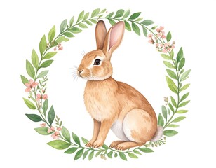 Watercolor illustration of a light brown rabbit inside a floral wreath