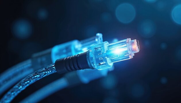 Macro shot presents ends of optic fiber cables glowing with light. Detailed texture of cables and light glow gives cutting tech feeling. Cables show digital communication and network connection.