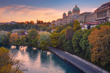 Bern, Switzerland. Cityscape image of the capital city of Switzerland, Bern with Parliament Building ( Federal Palace) at beautiful spring sunset.