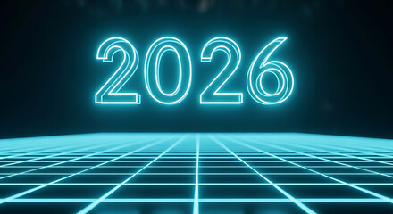 2026 neon glowing digital text on futuristic grid background
