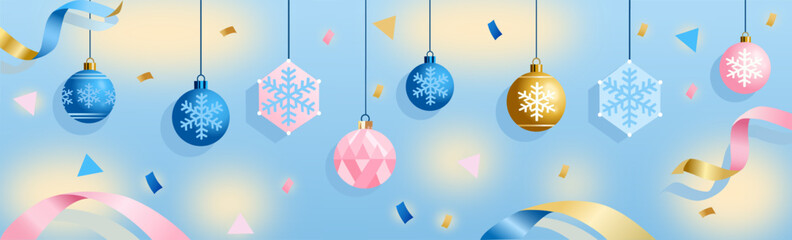 Blue&ndash;Pink Pastel Christmas Banner with Snowflakes and Ribbons