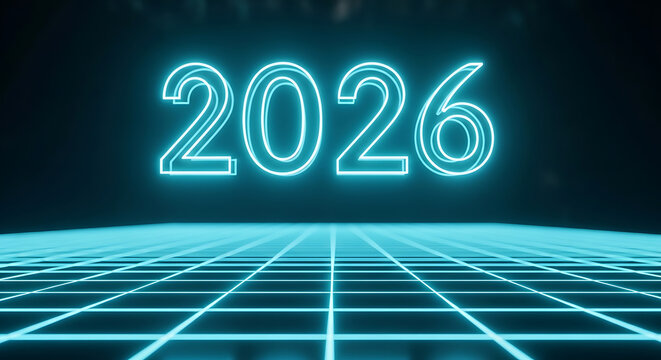 2026 neon glowing digital text on futuristic grid background