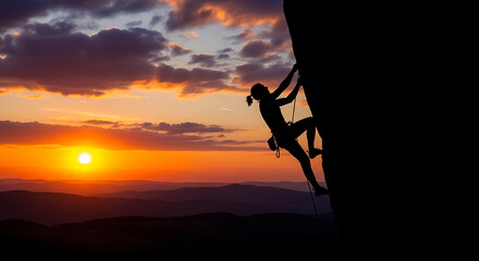 Silhouette of a female climber scaling a rock face at sunset a generated image