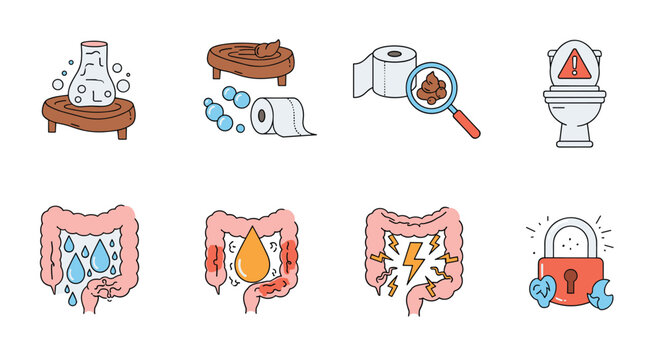 Collection of color line icons representing digestive system problems, including symptoms like diarrhea, constipation, and abdominal pain.