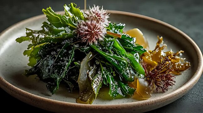 Gourmet seaweed salad with edible flowers being drizzled with oil and steaming on a ceramic plate