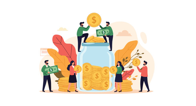 Flat illustration showing a diverse group of people contributing money to a large glass jar, representing crowdfunding and charitable donations.