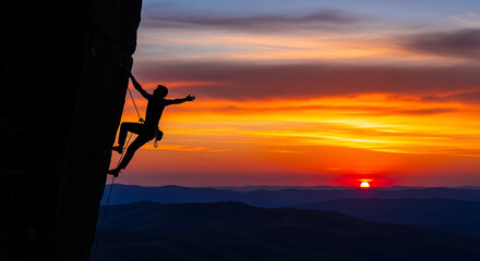 Spectacular sunset mountain adventure Climber ascends rocky peak amidst vibrant skyscape