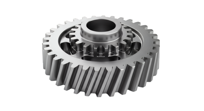 Close up of complex mechanical gears isolated on transparent background, industrial metal components