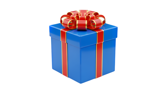 A blue gift box with a red ribbon and bow, isolated on a white background