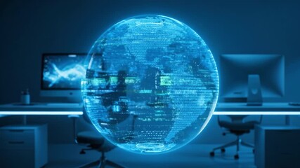 Holographic digital globe projection with binary code and data visualization showcasing futuristic technology and global connectivity modern office environment featuring rotating holographic sphere - Powered by Adobe