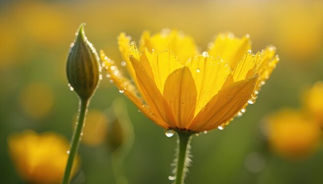 Yellow buttercup blossom with water drops. Green bud near flower petals. Soft yellow light shines on field of wildflowers. Nature wakes up with fresh dew.