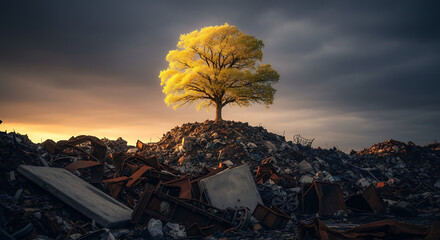 A single glowing tree of life emerges from a desolate junkyard, symbolizing hope and rebirth
