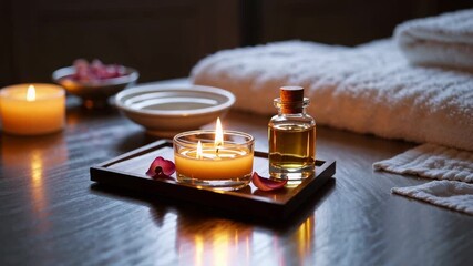 Serene spa ambiance featuring candle, essential oil, rose petal, towel, wooden tray, and soft lighting for peaceful relaxation and wellness experience