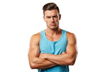 Angry muscular man with arms crossed in blue tank top fitness model bodybuilder workout isolated on transparent background