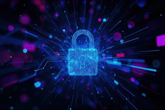 Cyber security concept. Blue digital padlock with data, networking lines and connections. Blue and purple neon colored - Powered by Adobe