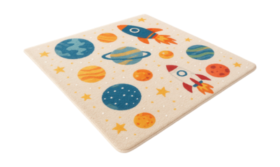 Space-themed children's rug with planets and rockets, perfect for aspiring astronauts.