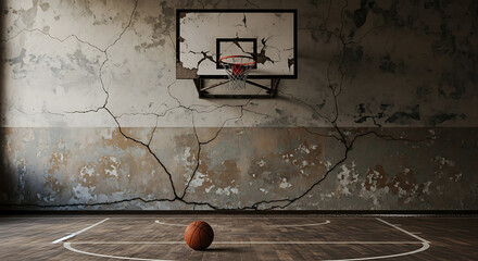 Forgotten dreams on a derelict indoor basketball court with a decaying wall and old ball