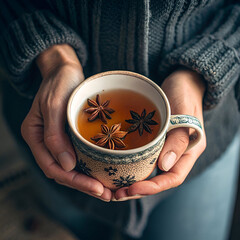 top view hands holding cup with tea and star anise