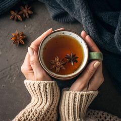 top view hands holding cup with tea and star anise