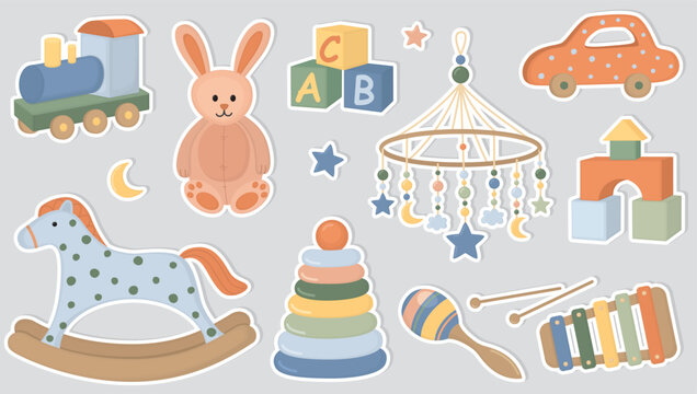 Set of cute stickers with colorful children&rsquo;s toys. Baby mobile, building blocks, rattle, rocking horse, car, pyramid, bunny, xylophone and train 