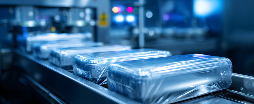 Shrink wrapping machine efficiently packaging various items with transparent durable film.