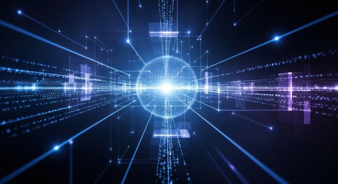 Abstract digital sphere with glowing blue light beams and data streams.