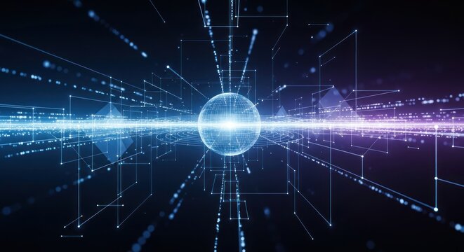 Abstract digital network globe with glowing blue and purple light streams.