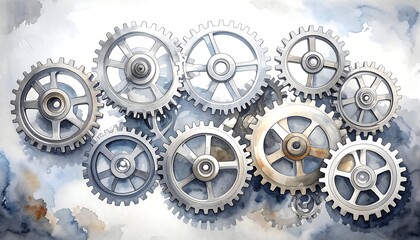 Watercolor gears, intricate mechanism