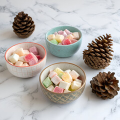 Turkish delights and marshmallows in small bowl