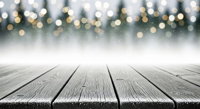Rustic wooden table covered in frost and snow, with warm Christmas bokeh lights and blurry winter forest background.