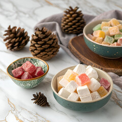 Turkish delights and marshmallows in small bowl