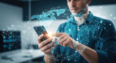 Man interacts with holographic global network data on a smartphone.