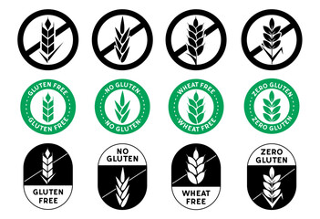 Wheat-Free Labels. Gluten-Free symbol set with stylized grain elements. Set of logo, stamps, tags
