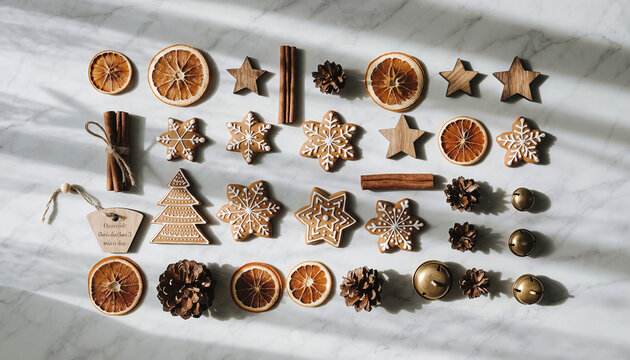 Assortment of Christmas Decorations and Spices Flat Lay